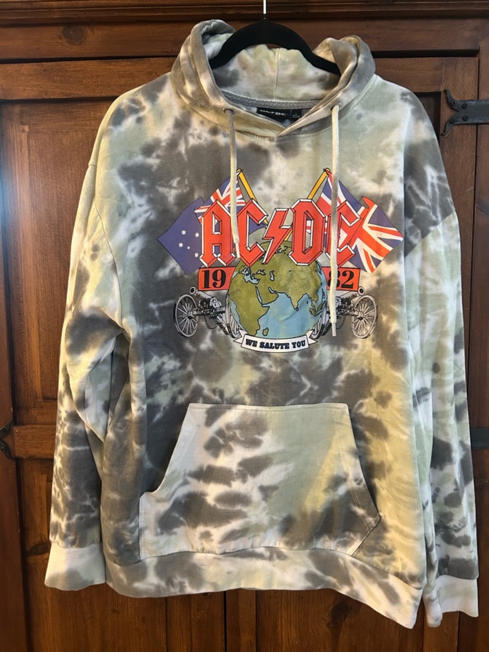 AC/DC Tie-Dye Hoodie in Olive Green & Gray with Flag Graphic